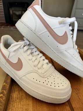 Nike Women's White Leather Sneakers with Blush Pink Swoosh